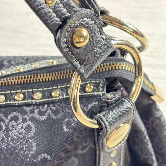 Kathy Van Zeeland Black Floral Jacquard Satchel Handbag Gold Heart Charm Studded - Picture 14 of 16